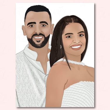 Hand‑drawn digital portrait of two people in white textured clothing with detailed hair and soft shading.