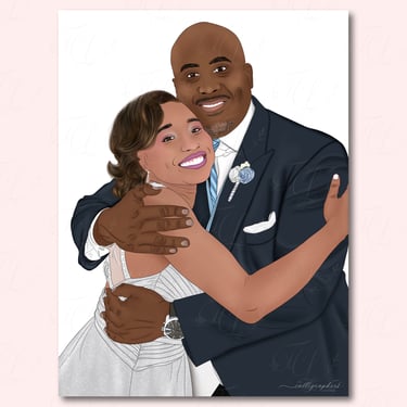 Hand‑drawn digital portrait of a couple embracing, with a lace dress and navy suit in a clean, likeness‑based style.