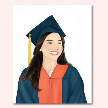 Hand-drawn digital portrait of woman in blue graduation gown with orange panel and gold tassel smiling with long brown hair.