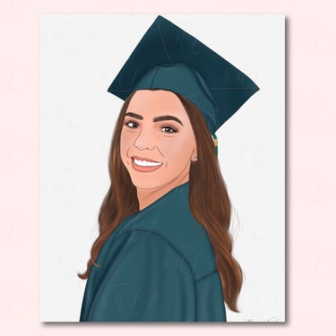 Digital illustration of girl in teal graduation cap and gown, long brown wavy hair and a smile.