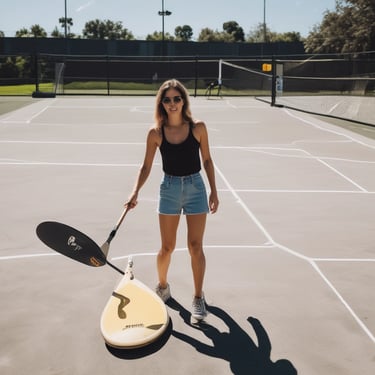 A smiling woman holding a tennis racket on a sunny backyard court.