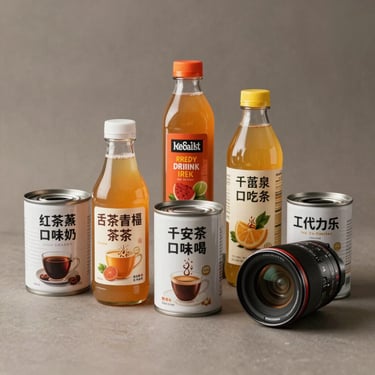Clean commercial shot of imported canned tea, juices, and ready-to-drink coffee on a neutral background