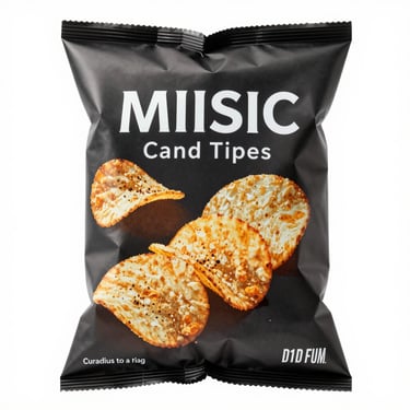 Straight-on studio shot of premium savory potato chips and salted snacks in clean packaging, white background