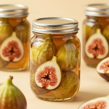 Premium jarred baby figs and exotic fruit mixes in light organic syrup, elegant glass packaging, warm gold lighting, 50mm