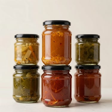 High-end jarred specialty vegetable mixes and purees in premium minimalist packaging, soft studio lighting