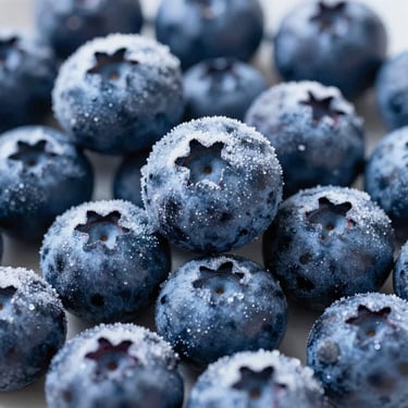 Individually quick frozen wild blueberries glistening with light frost, macro shot, vibrant deep blue colors