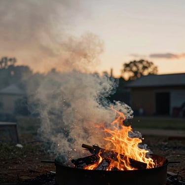 Wide atmospheric shot of outdoor smoke plumes rising from an iron-frame asado hearth at golden hour, moody overcast daylight, 35mm film.