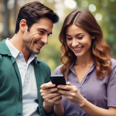 A cozy scene of a couple sitting together, smiling warmly while using a tablet to explore relationship tools.