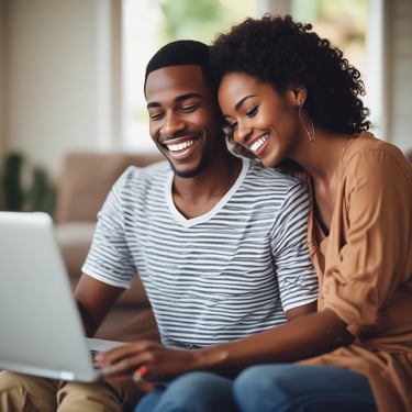A cozy scene of a couple sitting together, smiling warmly while using a tablet to explore relationship tools.