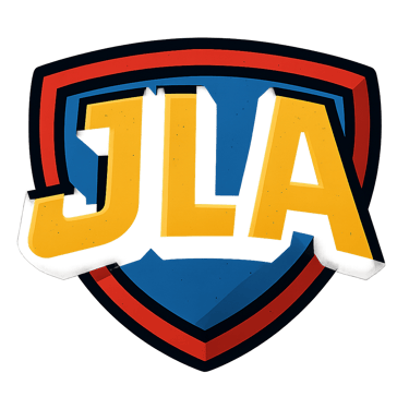 Yellow 3D JLA logo text centered on a blue and red superhero shield emblem.