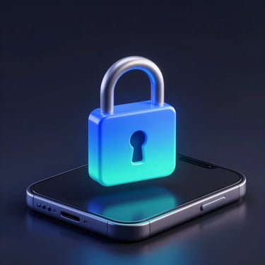 Sleek digital 3D render of a secure lock icon floating over a dark phone screen, vibrant neon accents, isometric perspective, dark atmospheric background