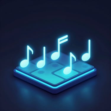 Sleek digital 3D render of a rhythm game UI with glowing neon-blue notes, isometric perspective, dark atmospheric background