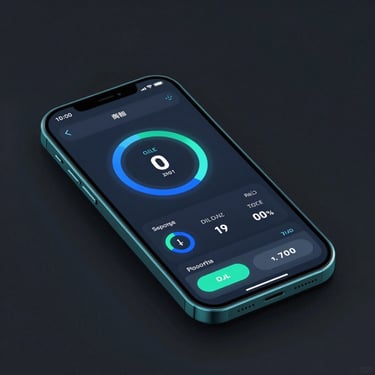 Sleek digital 3D render of a mobile interface showing system performance analytics, cyber-teal accents, isometric perspective, dark atmospheric background