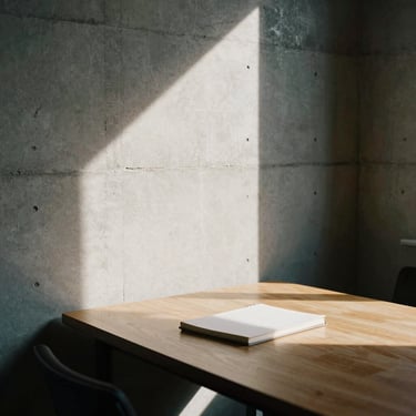 Tight architectural crop of a minimalist concrete office corner, sharp diagonal shadow from a high window cutting across a warm oak table, a single physical notebook resting on the surface, low-key side lighting, editorial film photography style.