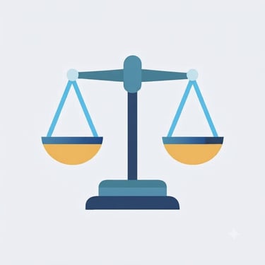 Un ícono de balanza de justicia azul y amarilla que representa la ley, la igualdad legal equilibrada