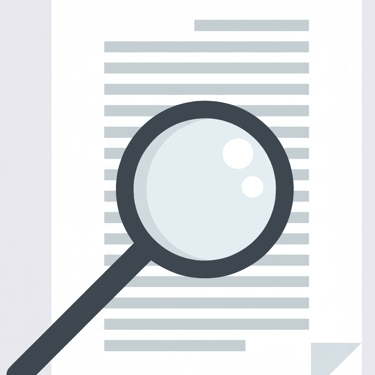 Un ícono de lupa sobrevolando un documento en papel para búsqueda y análisis de datos.