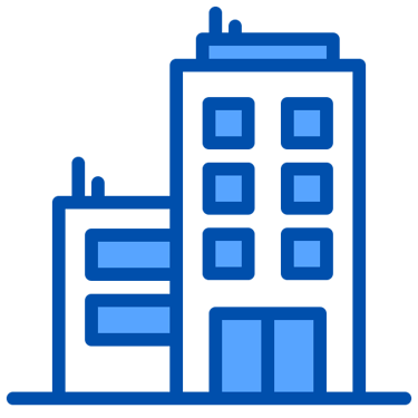 Icono de línea azul de un edificio de oficinas moderno o sede corporativa.