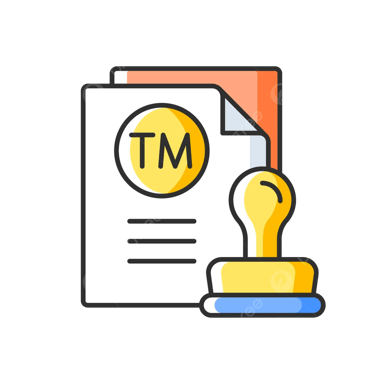 Icono de línea plana de un documento de registro de marca con un icono de sello de goma amarillo