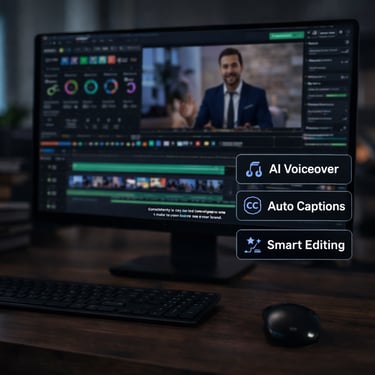 AI powered content creation with video editing voiceover captions and automation tools