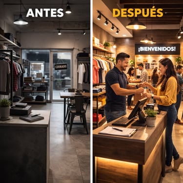 Before and after retail store showing improved design, lighting, and customer experience