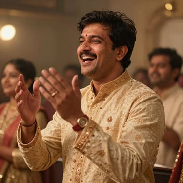 A portrait of a South Asian / Indian man in festive attire, cheering during a lively musical show, with warm antique gold ambient lighting.