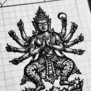 Macro extreme close-up of a raw ink illustration of a multi-armed mythological deity drawn on graph paper with mathematical annotations, high-contrast black and white, 35mm film grain.
