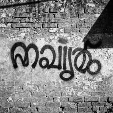 Gritty black and white street photography of Malayalam script graffiti sprayed on a raw textured brick wall, harsh high-contrast sunlight, deep shadows.