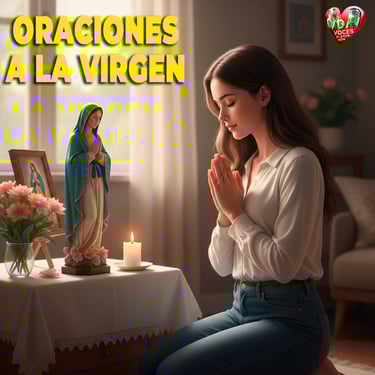 Una mujer joven en oraciones a la virgen sección de la página Voces de amor y vida