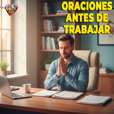 Un hombre en la oficina en oraciones antes de trabajar sección de la página Voces de amor y vida