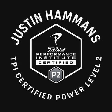 Justin Hammans Titleist Performance Institute TPI Certified Power Level 2 badge on a black background.