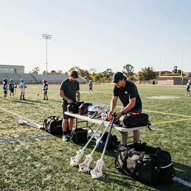 Wide shot of two parent volunteers setting up equipment bags on the sideline of a youth lacrosse field in bright morning daylight — lacrosse sticks leaning against a folding table, helmets stacked nearby, both volunteers mid-task and unposed, kids warming up visible in the background