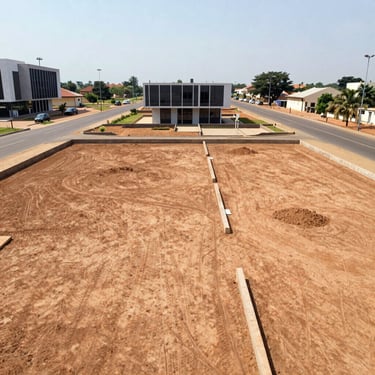 Wide architectural view of development-ready land in Accra, modern infrastructure nearby, bright daylight, 35mm