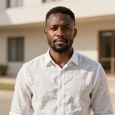 Professional studio portrait of an African male structural engineer in a clean linen shirt, warm natural light, professional