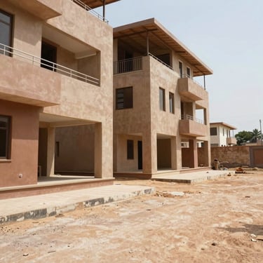 Modern architectural development site in Lagos, clean boundaries, bright natural daylight, 35mm