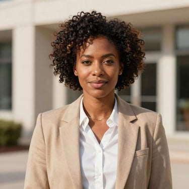 Professional studio portrait of an African female real estate legal consultant, warm natural light, professional