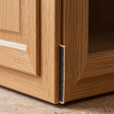 Tight 18-inch detail shot of a cabinet door corner being sanded by hand on a workbench, natural daylight from the left, fine dust visible on the wood grain surface, no people in frame, sharp focus on the sanding paper meeting the edge