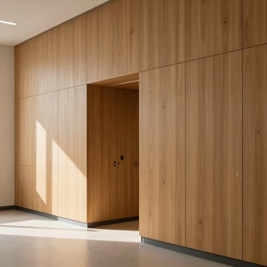 An abstract architectural detail of a calm, structured clinical space with warm wood paneling and soft natural light