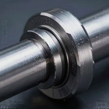 Extreme close-up of a Spirolox retaining ring on a steel shaft, crisp metallic edges with visible CNC machining tool marks, cool studio lighting, technical CAD wireframe overlay