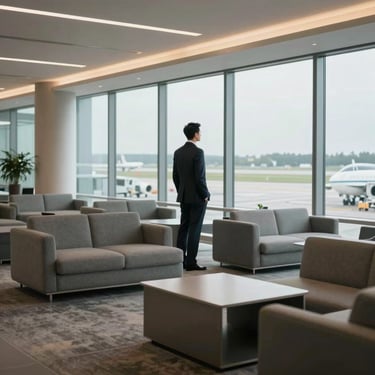 Wide environmental shot of a modern, quiet corporate airport lounge with minimalist slate furniture, soft architectural lighting, and a business traveler in a tailored suit looking out of a large window at a runway.