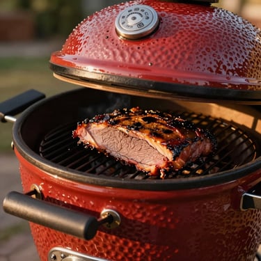 Close-up of a Kamado Joe Classic III ceramic grill, showing the characteristic red dome and a thick cut of brisket inside, natural golden-hour sunlight, rich deep wood tones, shallow depth of field