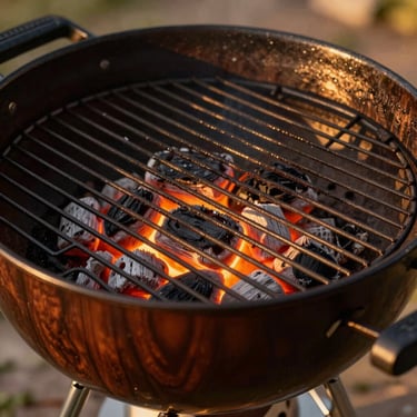 Close-up of a Weber Master-Touch Charcoal grill, showing glowing coals and a cast iron grate, natural golden-hour sunlight, rich deep wood tones, shallow depth of field