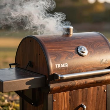 Close-up of a Traeger Ironwood 885 pellet grill, showing smoke rolling out of the chimney, natural golden-hour sunlight, rich deep wood tones, shallow depth of field