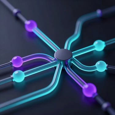Sleek 3D render of abstract connected data pipelines with neon cyan and violet glowing nodes, dark obsidian background, dramatic low-key lighting, macro depth of field.