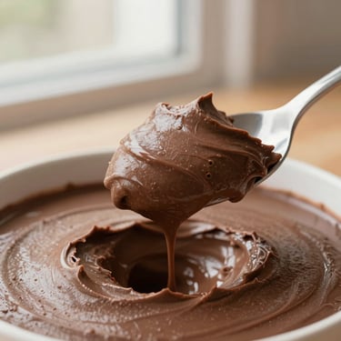A spoonful of creamy dairy-free chocolate mousse being lifted, showing rich velvety texture, warm side light