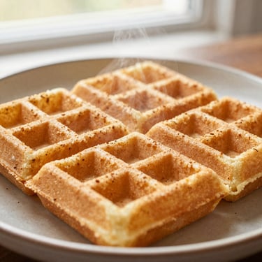 Close-up of a golden gluten-free waffle on a ceramic plate, soft steam, warm morning light