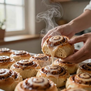 Hands breaking a warm gluten-free cinnamon roll, soft steam, rich glaze dripping, rustic kitchen background