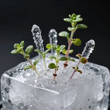 Macro shot of delicate transparent sugar glass structures holding micro-herbs on a block of raw ice.