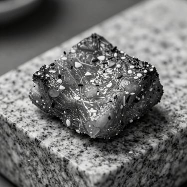 Extreme close-up of a monochrome black and white savory bite on a raw granite block, sharp architectural lighting.
