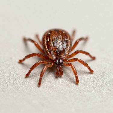 Macro photograph of a brown dog tick on a neutral surface, showing its biological structure in sharp focus