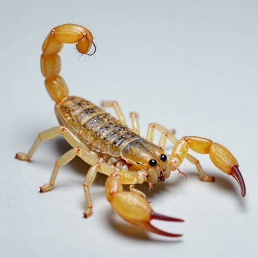Scientific macro shot of a yellow scorpion, Tityus serrulatus, showing its stinger in sharp detail on a neutral clinical background